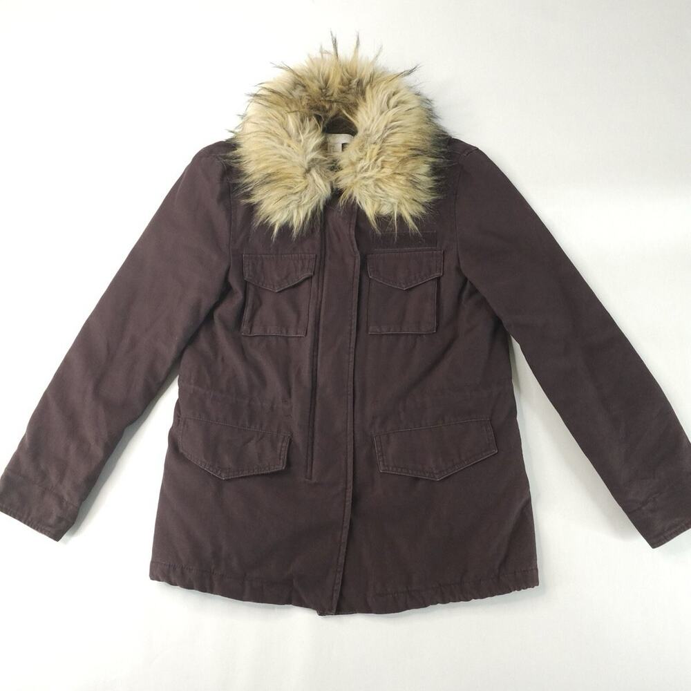 H&M - Burgundy Canvas Utility Jacket with Warm Fur Collar, Women's Size XS 0